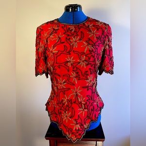 Laurence Kazar NY Vintage Red Silk Beaded Short Sleeve Zipper Back Blous…